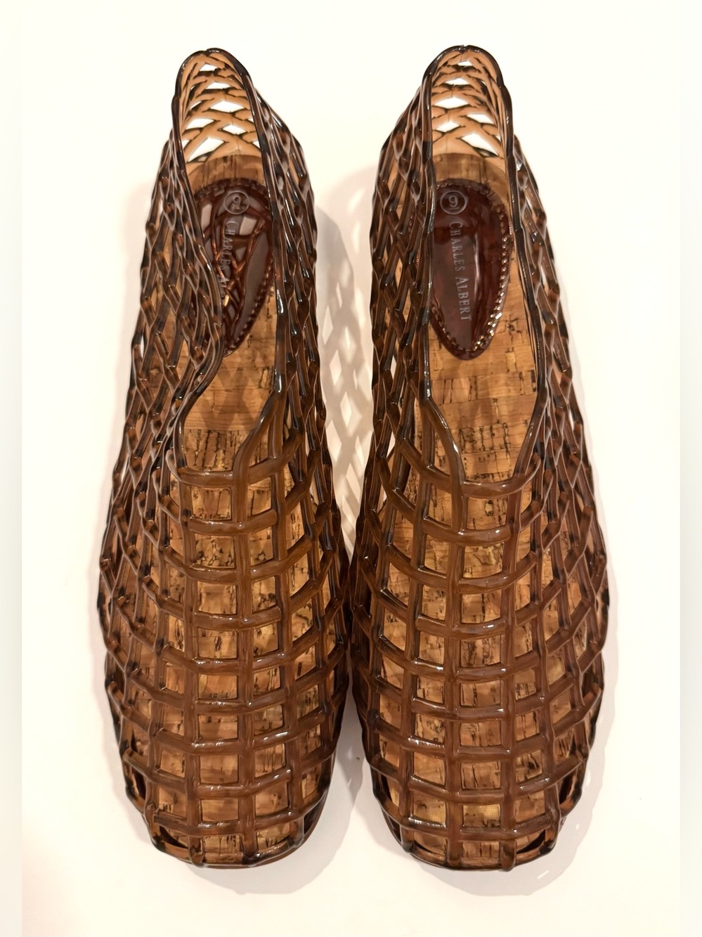 Charles Albert Brown Woven Jelly Cage Flats Size 9 Cork Footbed Ballet Shoes